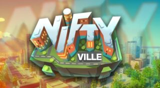 Promotional graphic for Nifty Ville, showcasing a floating island with stylized buildings and the game's logo