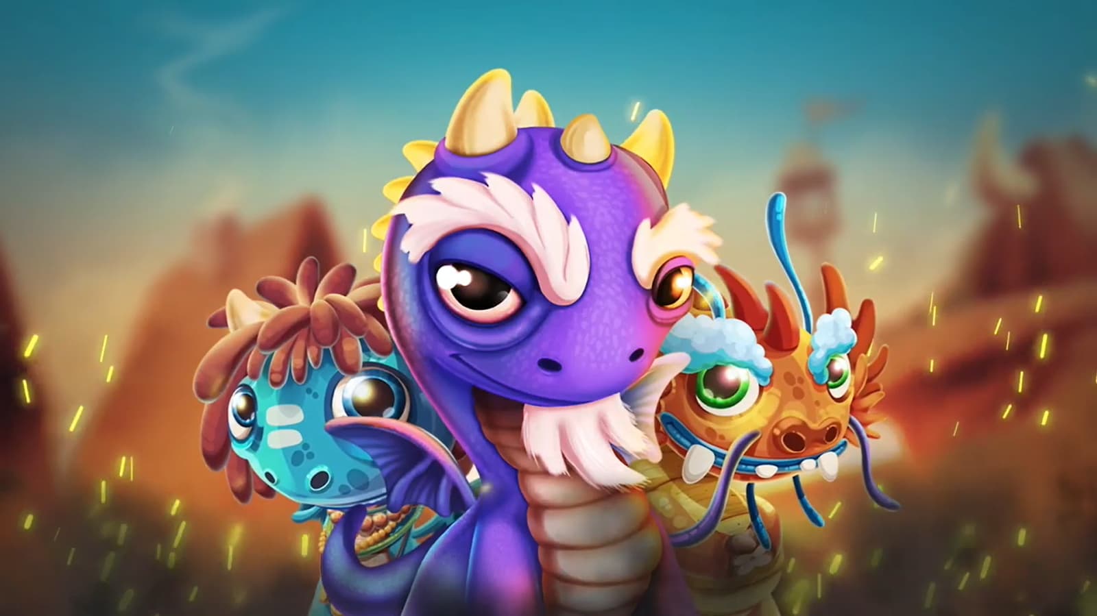 A whimsical purple dragon with its colorful dragonlings
