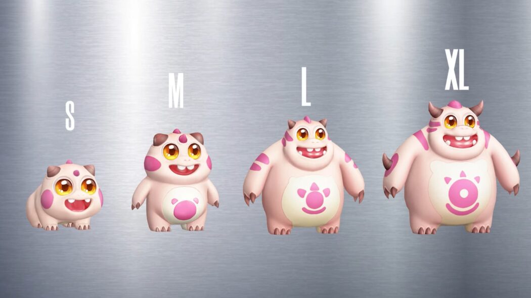 Four sizes of pink, creatures with a heart nose, and letters above them