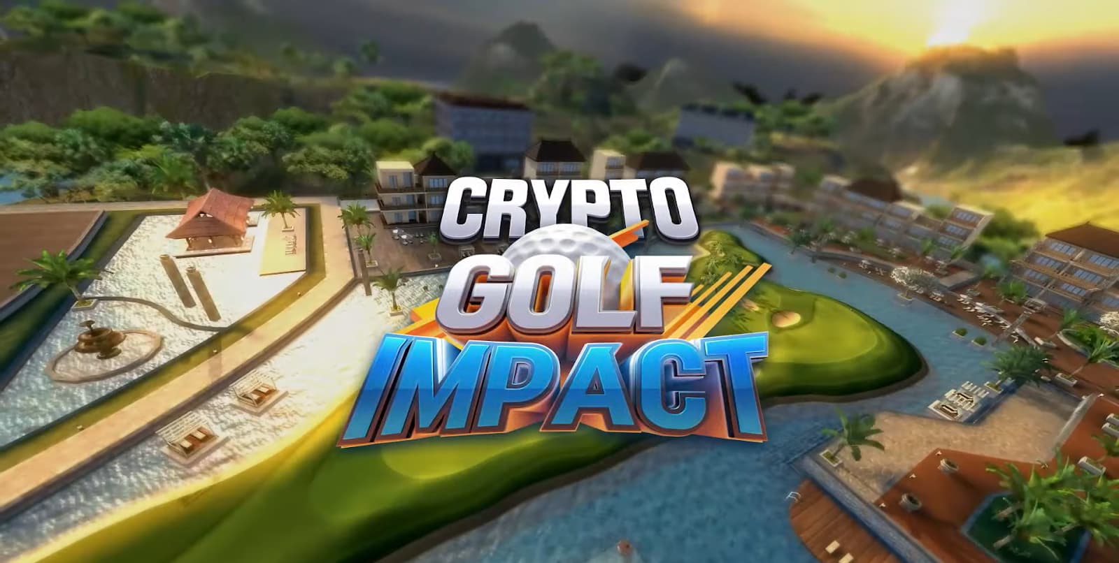 A vibrant logo of Crypto Golf Impact over a lush tropical resort setting