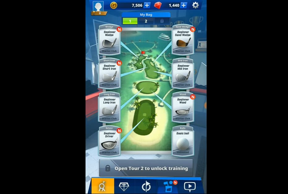 In-game golf bag interface showing various clubs and a course layout