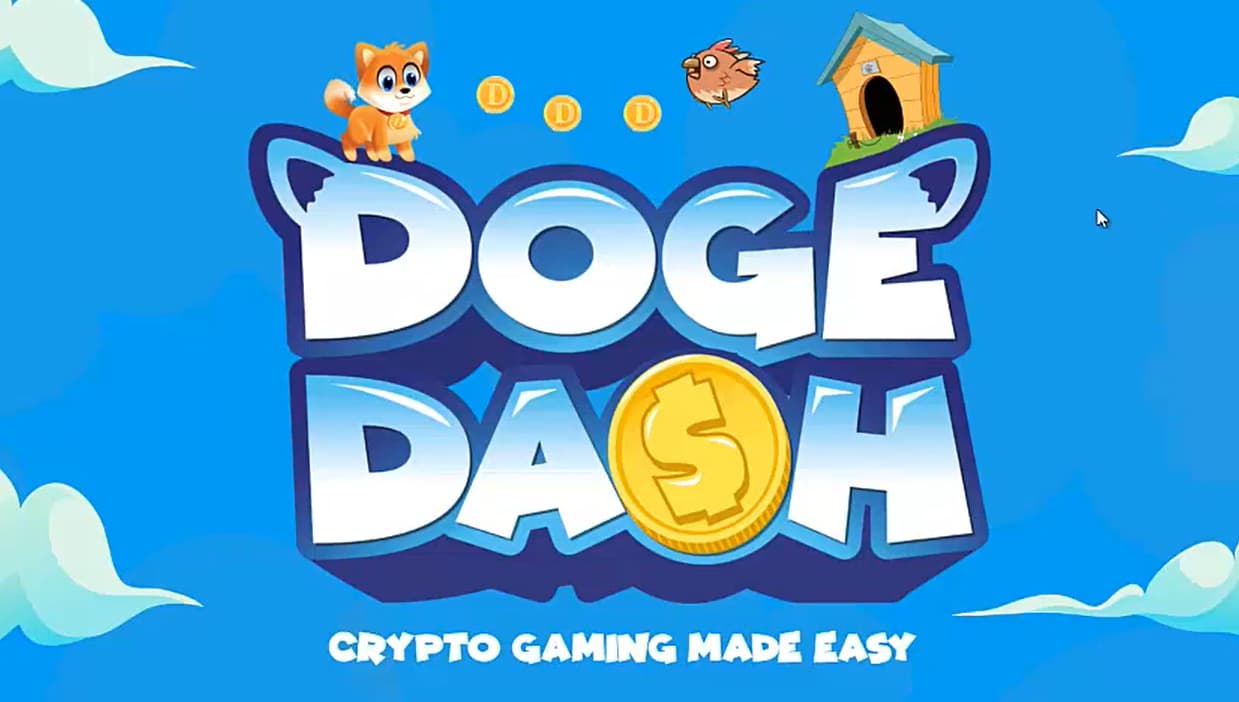 Colorful title screen of "Doge Dash," a crypto-themed game with a cartoon dog