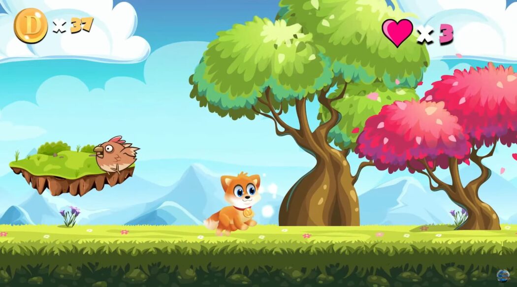 A playful orange cartoon dog collecting coins in a vibrant platform game