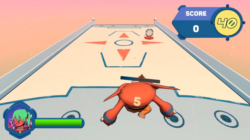 A screenshot of a game with an orange robot sliding down a ramp toward a target