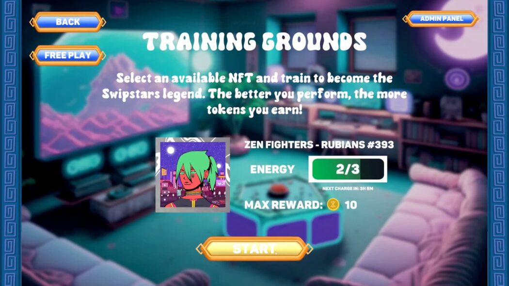 A game's training menu screen featuring an NFT character with energy levels and rewards