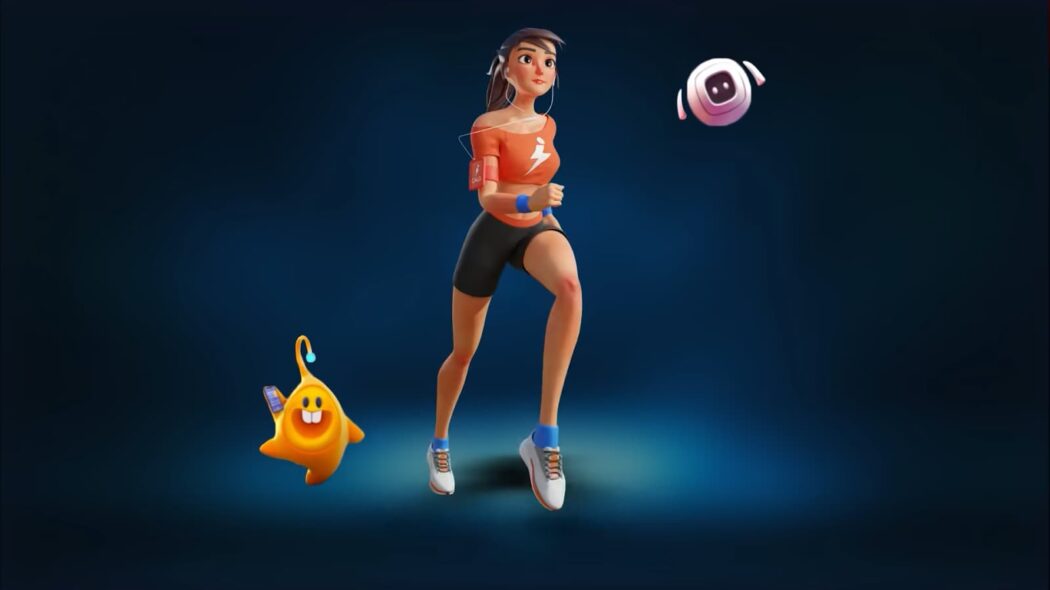 A digital illustration of a female runner with two animated characters on a dark background