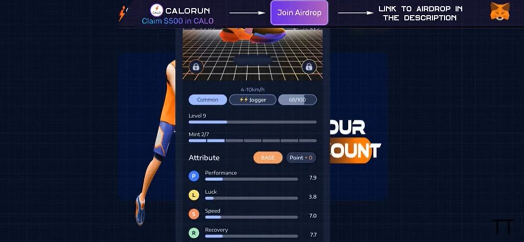 A screen from the Calo app showing a virtual runner's stats with an option to join an airdrop