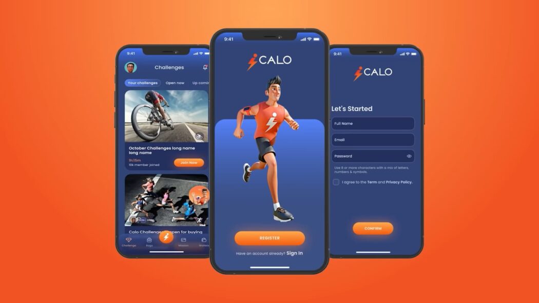 Three smartphone screens showcasing the Calo fitness app's features and registration page