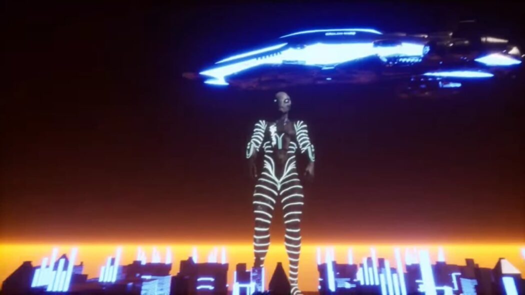 Avatar in stripes stands under a spaceship in orange sky