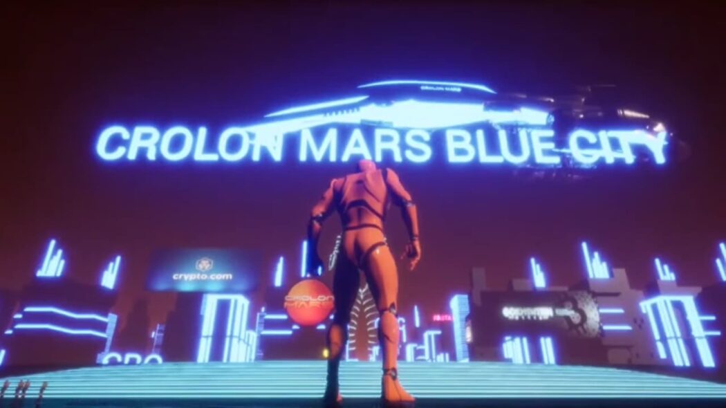 Neon-lit 'CROLON MARS BLUE CITY' sign over a digital avatar