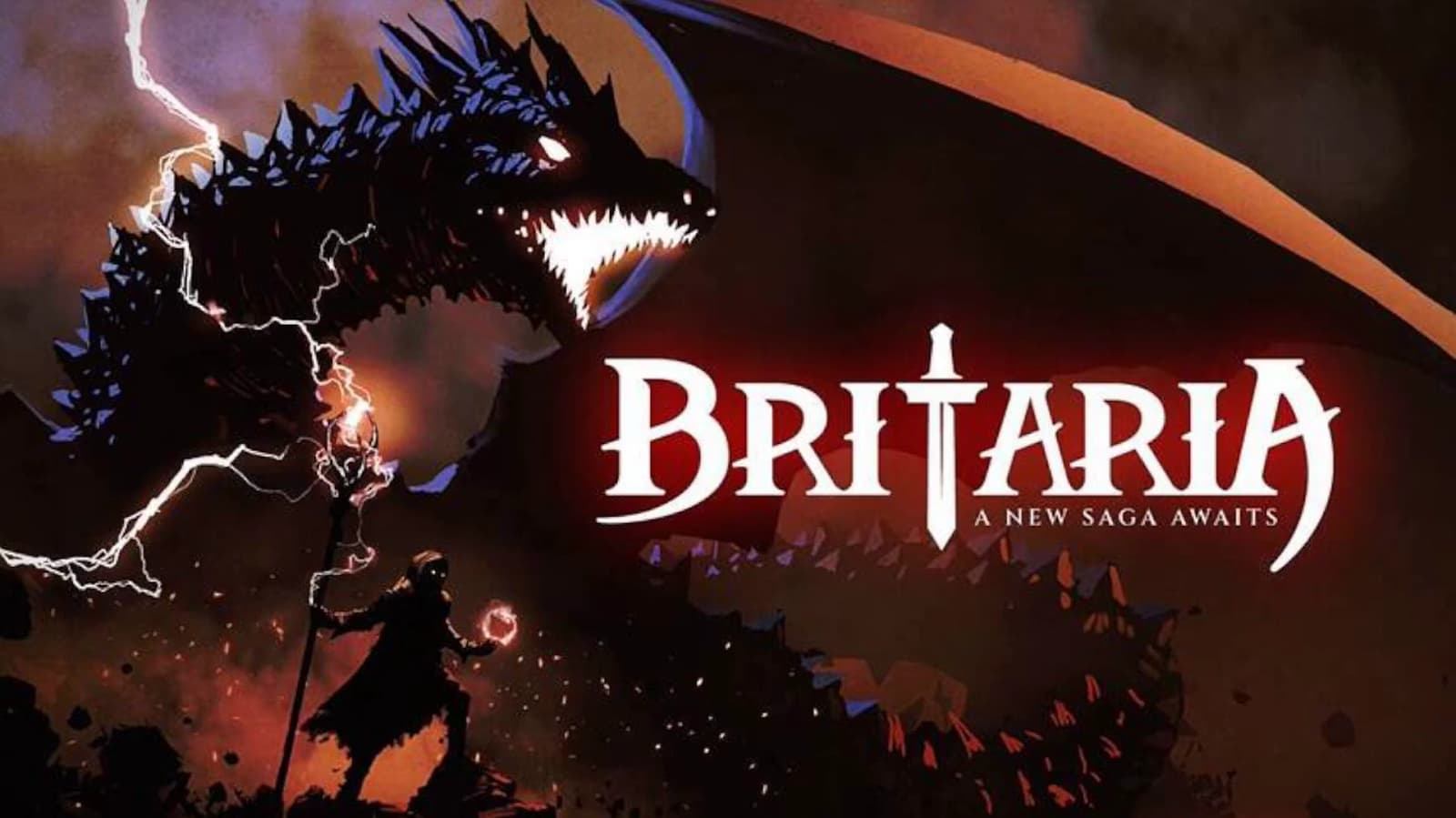 Dramatic artwork for "BRITARIA" featuring a dragon and a mage