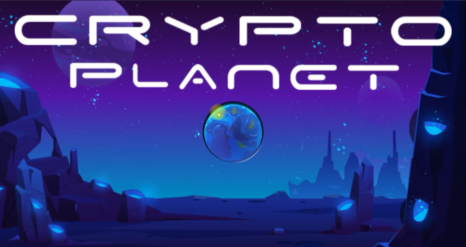 The title screen of 'Crypto Planet' with an Earth-like orb