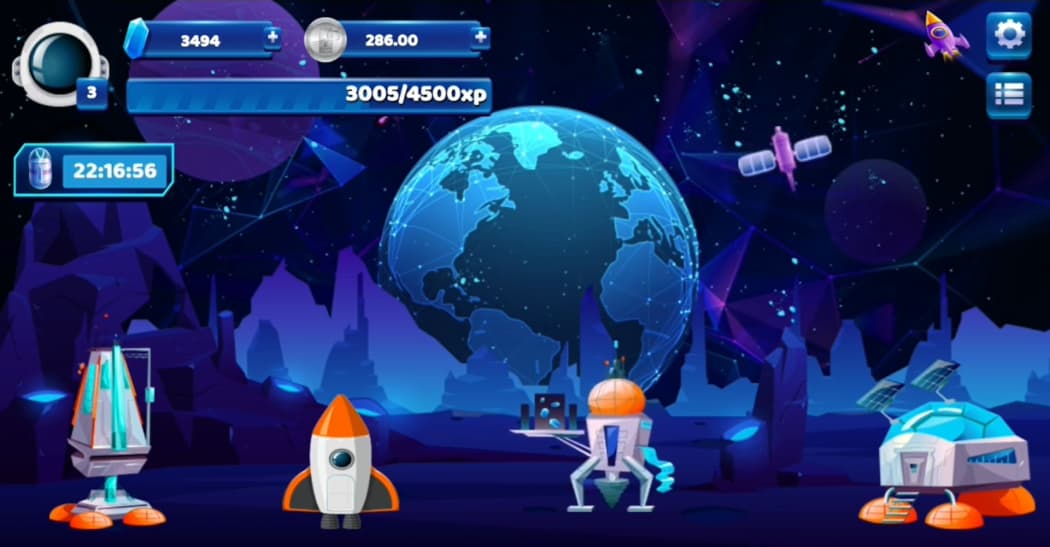 A vibrant game interface showcasing a global graphic with stats and icons