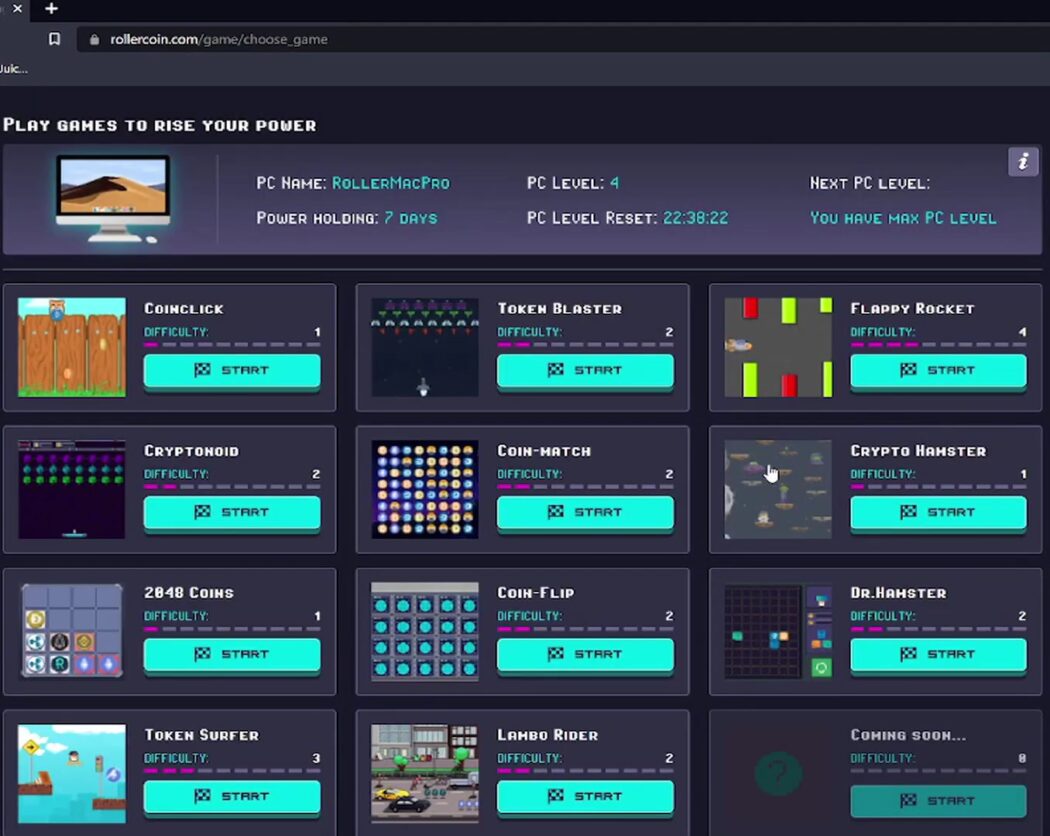 Rollercoin game interface