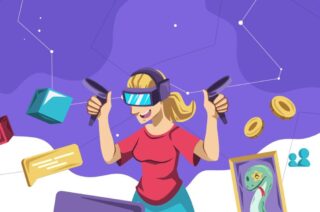 A joyful person wearing VR goggles is immersed in a virtual game with floating coins