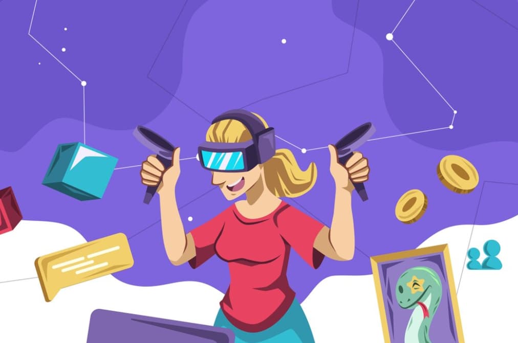 A joyful person wearing VR goggles is immersed in a virtual game with floating coins