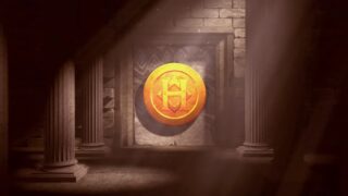 Ancient-looking coin with cryptic symbols in a temple